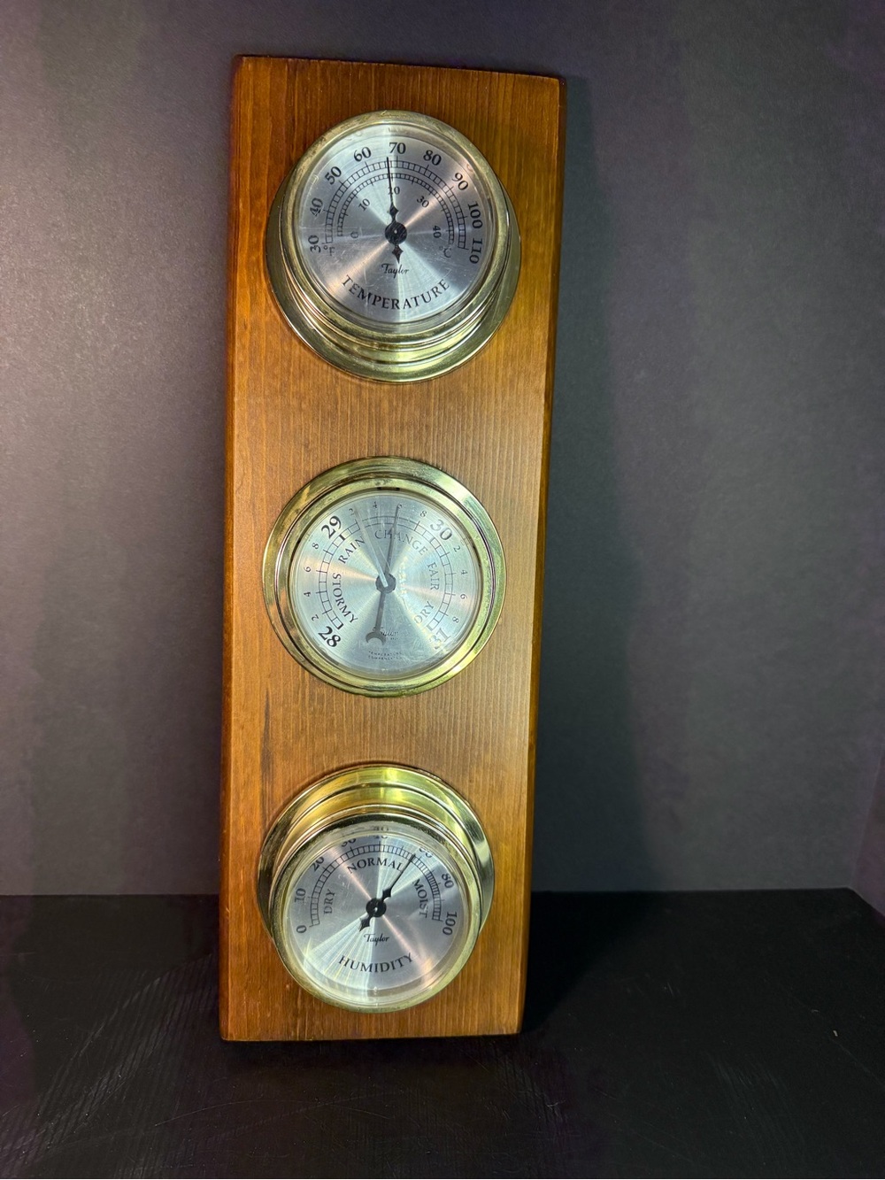 Wooden Wall-Mounted Weather Station with Brass Dials - Brown